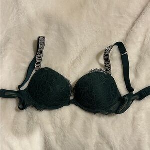 Victoria's Secret Dark Green Lace Bra with Rhinestone Straps